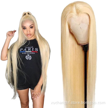 Preplucked Straight Real Human Hair Natural Long Pre Pluck Light Blonde 613 360 Lace Frontal Wig